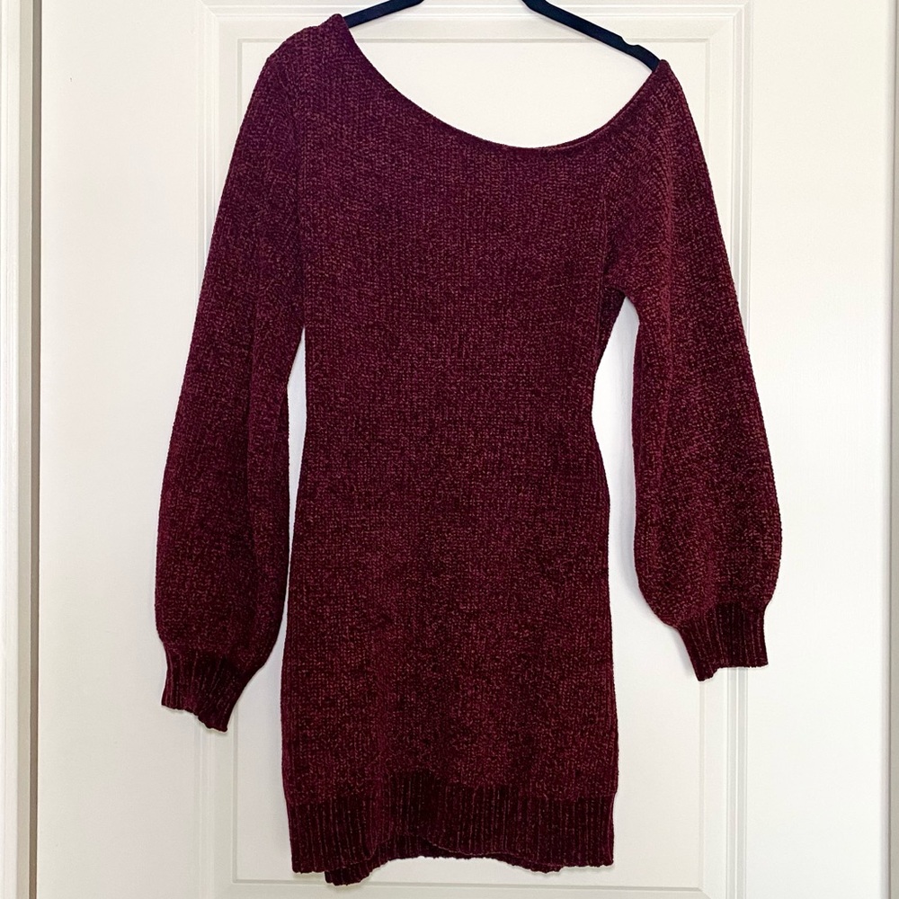 Vici Women's Chenille Mini Sweater Dress Off-the-Shoulder Wine Size Small